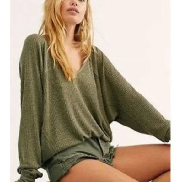 Free People Santa Clara Green V-Neck Thermal Dolman Sleeves Gorpcore Top - Picture 1 of 9